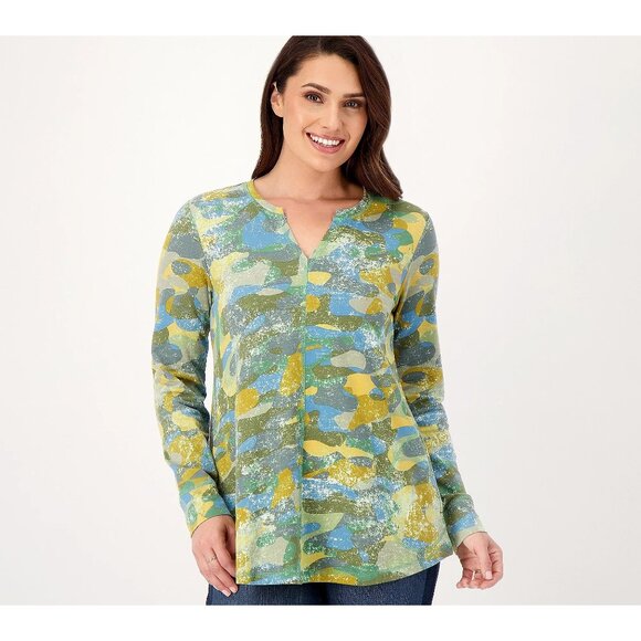 LOGO Lounge by Lori Goldstein Camo Print Split Neck Top Size Large Green Blue - Picture 1 of 10